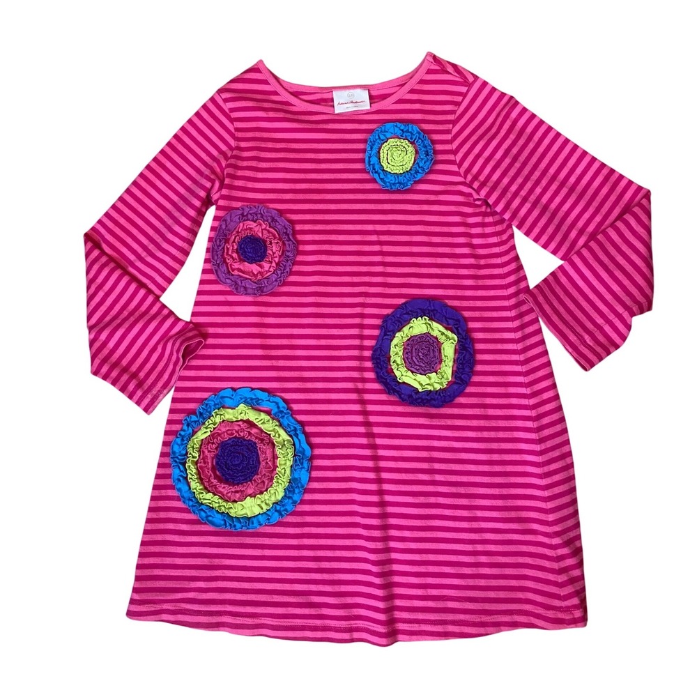 Hanna Andersson sz 6/7 Pink Striped Long Sleeve Dress Ruffle Flower Applique 120